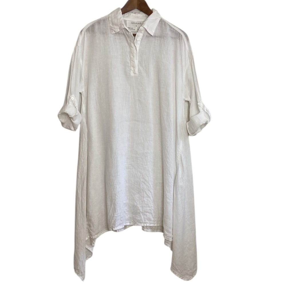 Grizas Tunic Womens Small White Washed Linen Long Sleeve Kerchief Hem Maxi Top